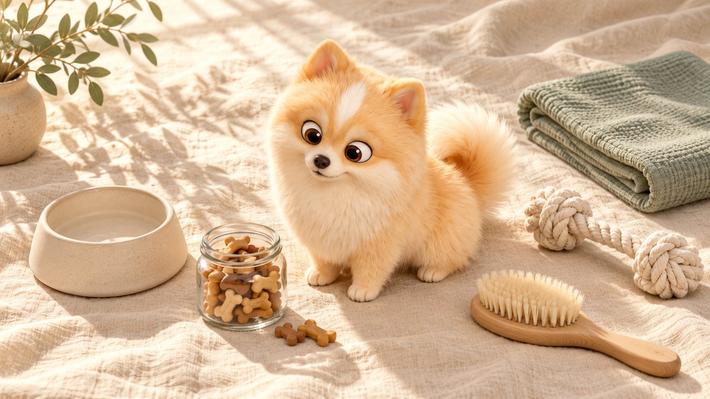 Popó on a cozy bed surrounded by a ceramic bowl, rope toy, brush and towel