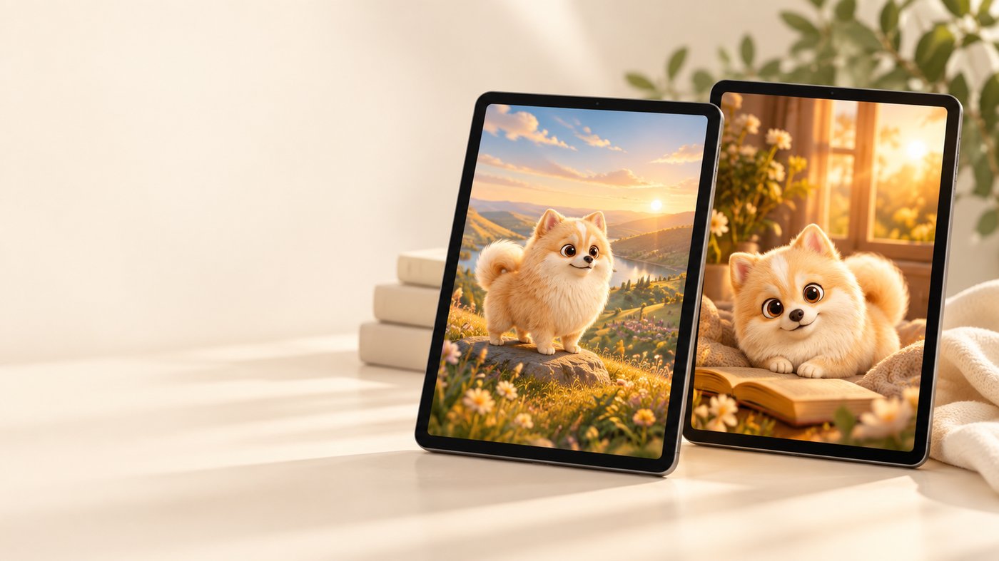 Two tablets showing illustrated Popó Universe stories
