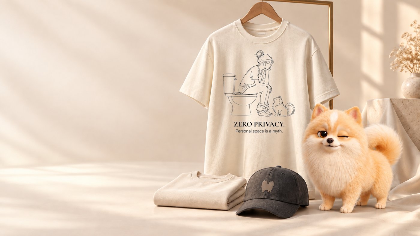 Zero Privacy tee, dark cap, folded sweatshirt and Popó posing beside them