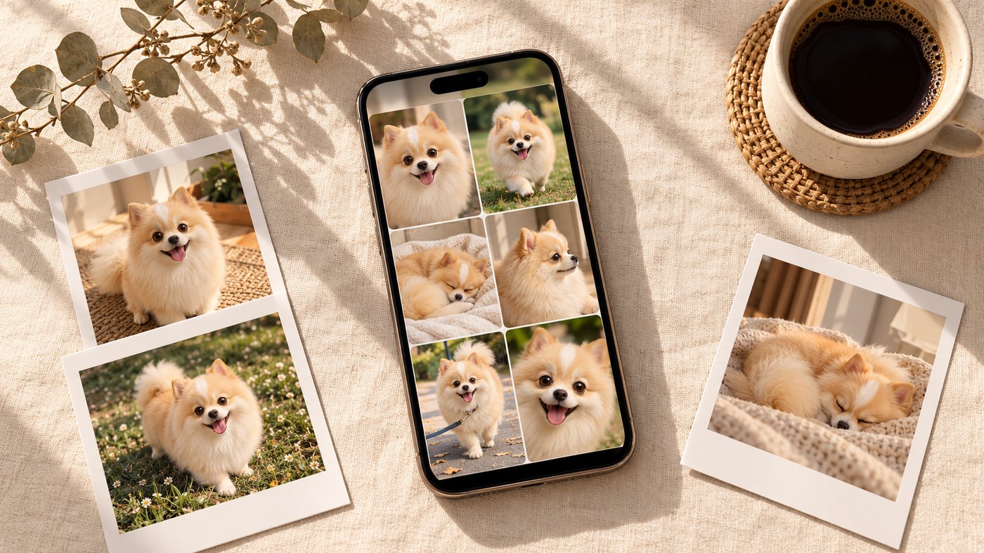 Smartphone with a gallery of pet photos next to printed polaroids and a cup of coffee — memories being sent